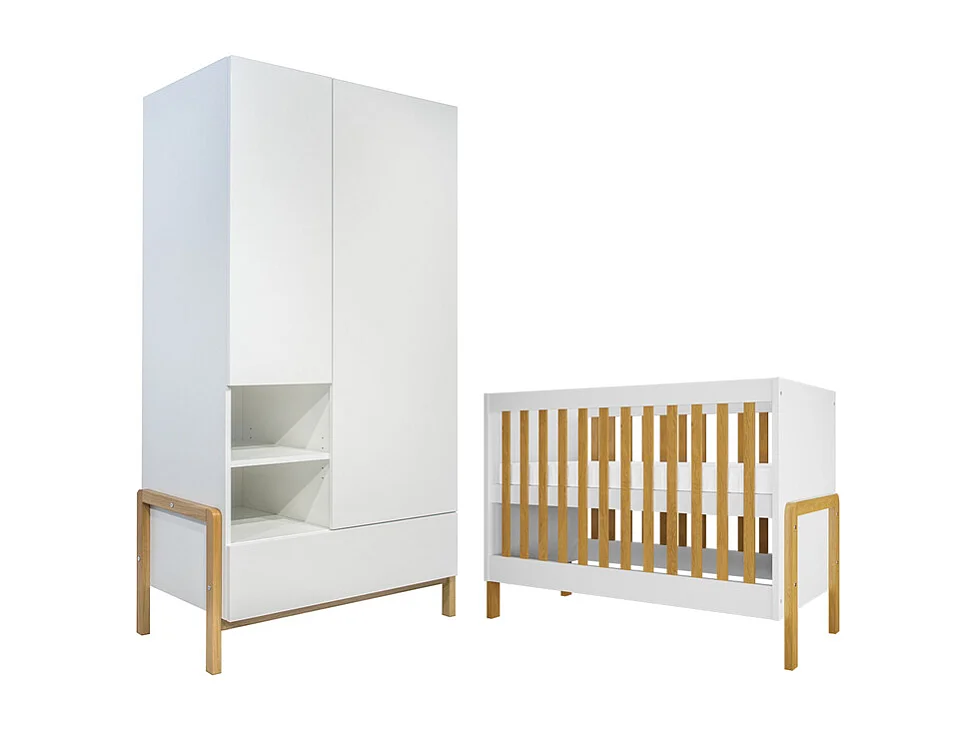 Lit bébé 60x120 et armoire 2 portes Victor - Blanc et Chêne