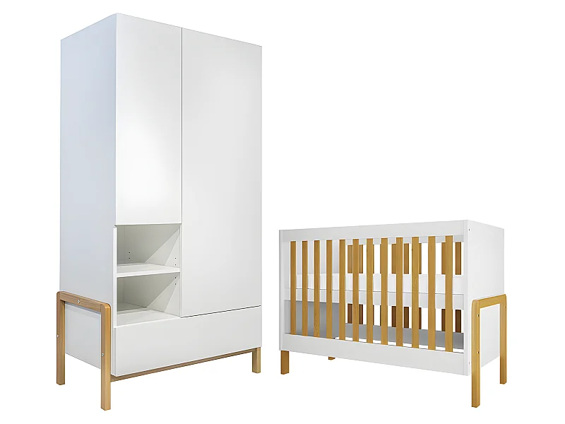 Lit bébé 60x120 et armoire 2 portes Victor - Blanc et Chêne