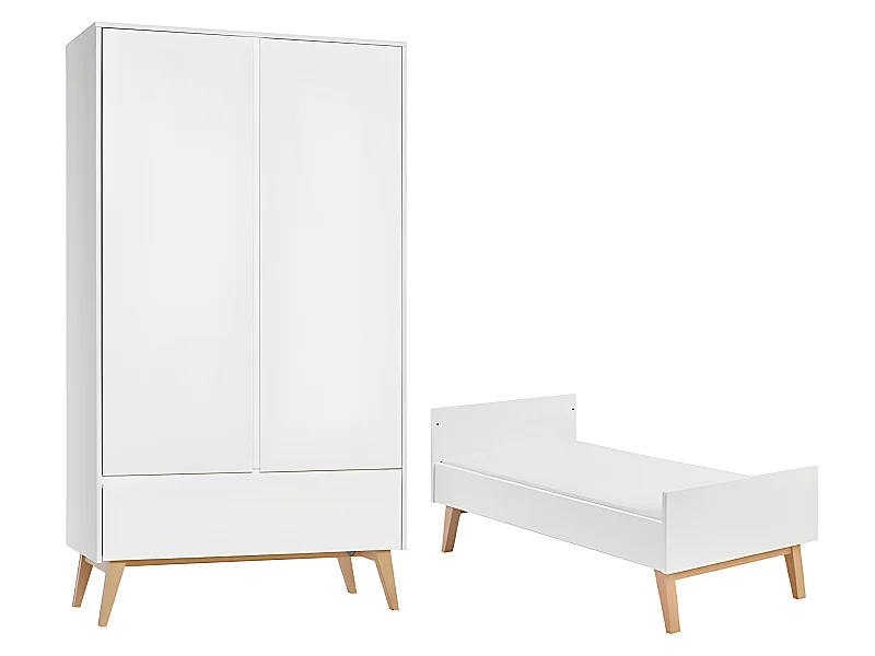 Lit évolutif 70x140 et armoire 2 portes Swing - Blanc et bois