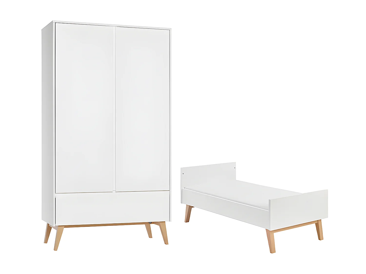 Lit évolutif 70x140 et armoire 2 portes Swing - Blanc et bois