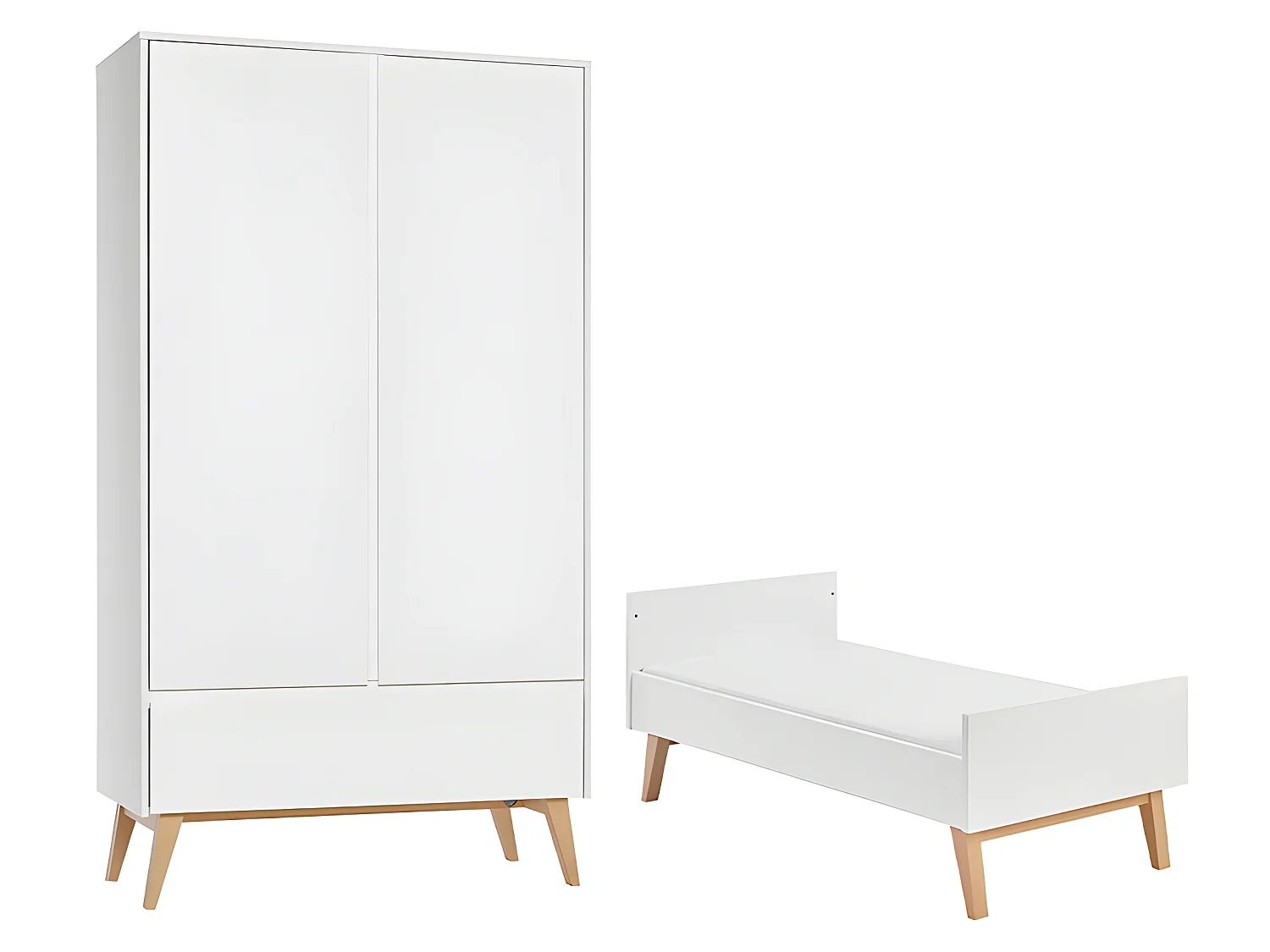 Lit évolutif 70x140 et armoire 2 portes Swing - Blanc et bois