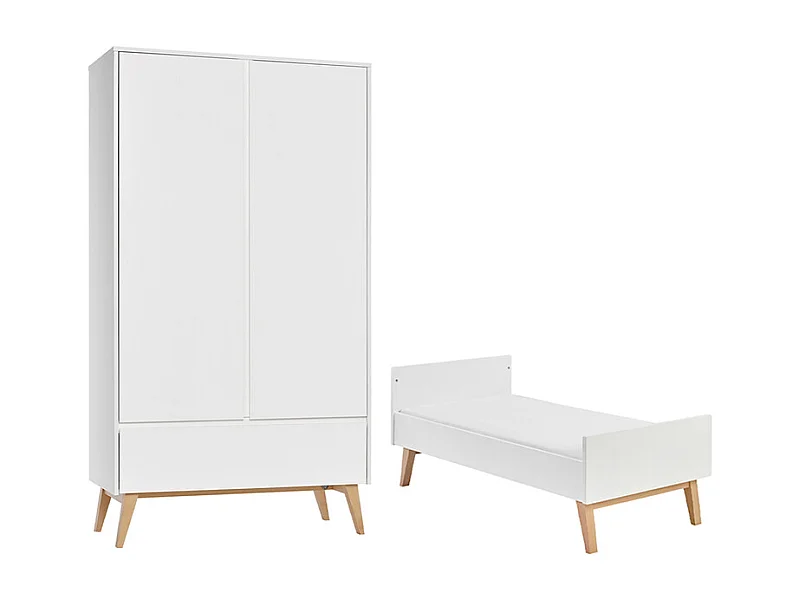 Lit évolutif 70x140 et armoire 2 portes Swing - Blanc et bois