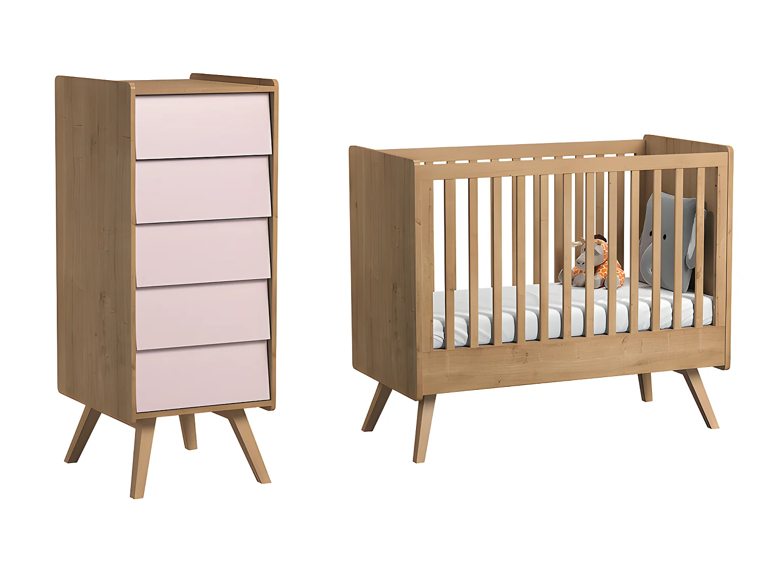 Lit bébé et Chiffonnier Vintage Bois Rose