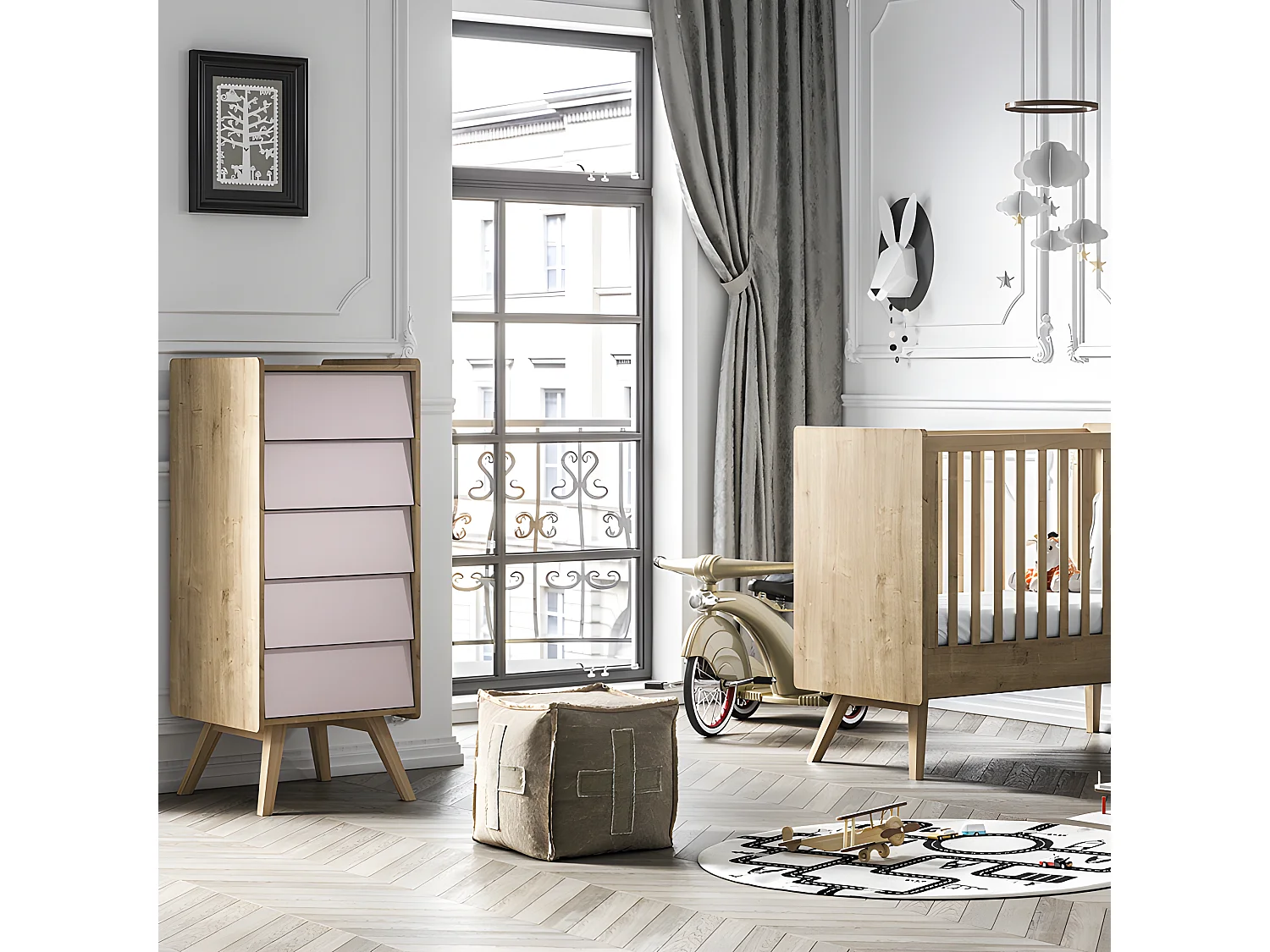 Lit bébé et Chiffonnier Vintage Bois Rose