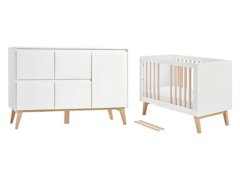 Lit évolutif 60x120 et commode 4 tiroirs 1 porte Swing - Blanc et bois