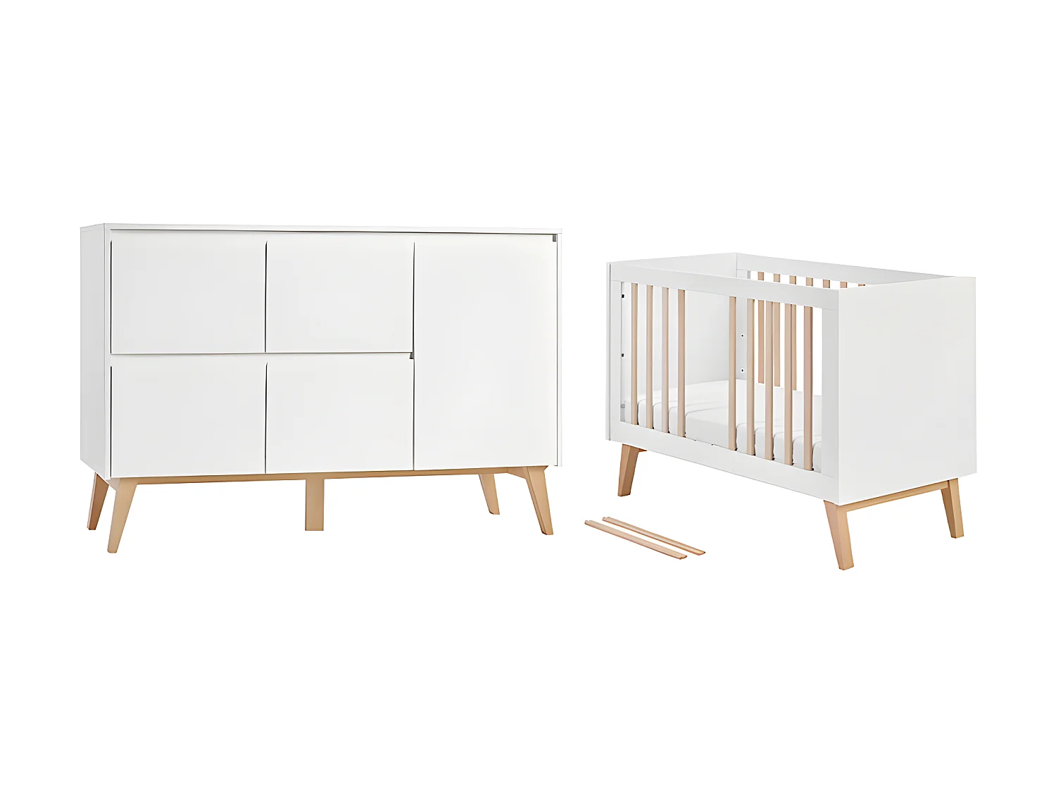 Lit évolutif 60x120 et commode 4 tiroirs 1 porte Swing - Blanc et bois