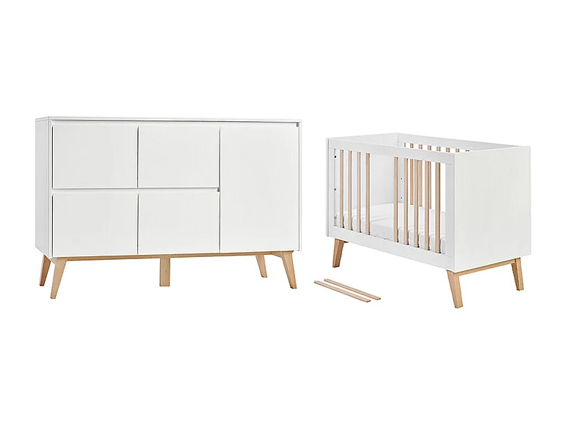 Lit évolutif 60x120 et commode 4 tiroirs 1 porte Swing - Blanc et bois