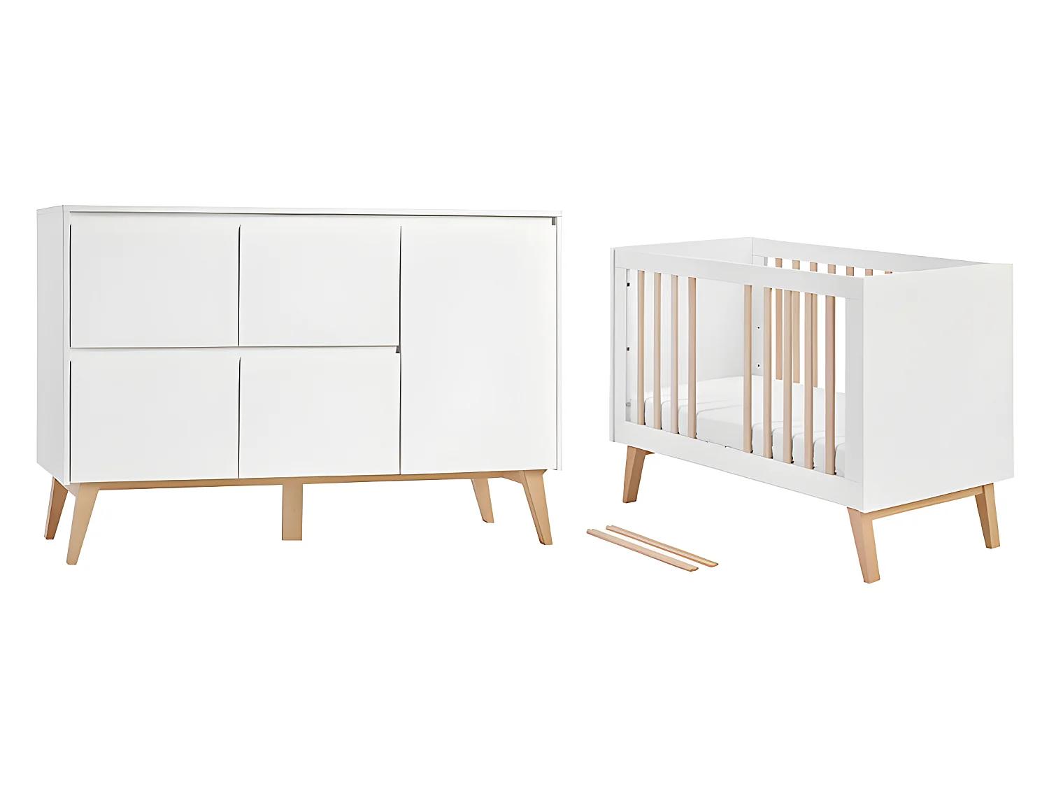 Lit évolutif 60x120 et commode 4 tiroirs 1 porte Swing - Blanc et bois