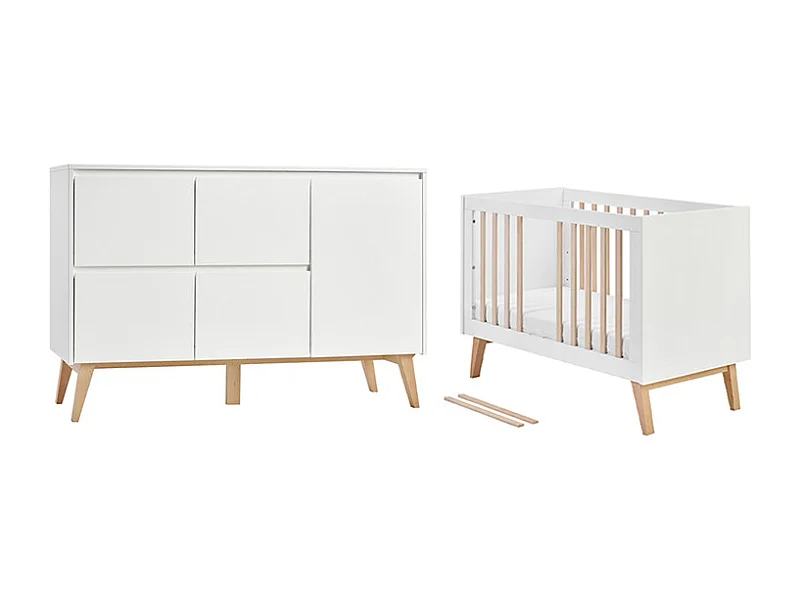 Lit évolutif 60x120 et commode 4 tiroirs 1 porte Swing - Blanc et bois