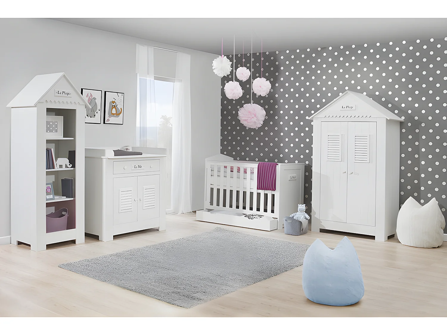 Chambre complète lit bébé - commode à langer - armoire Marsylia MDF Blanc