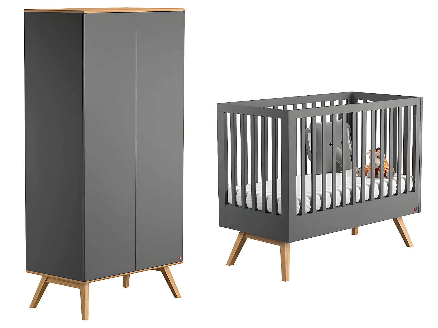 Lit bébé et Armoire Nature Gris