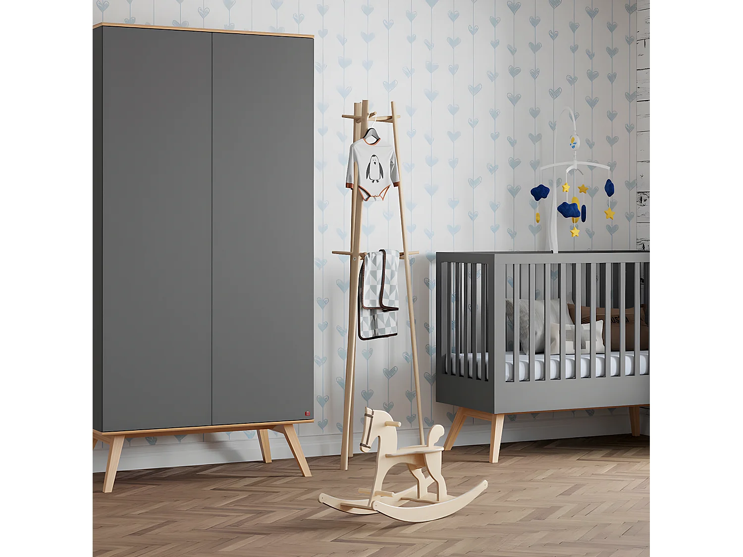 Lit bébé et Armoire Nature Gris