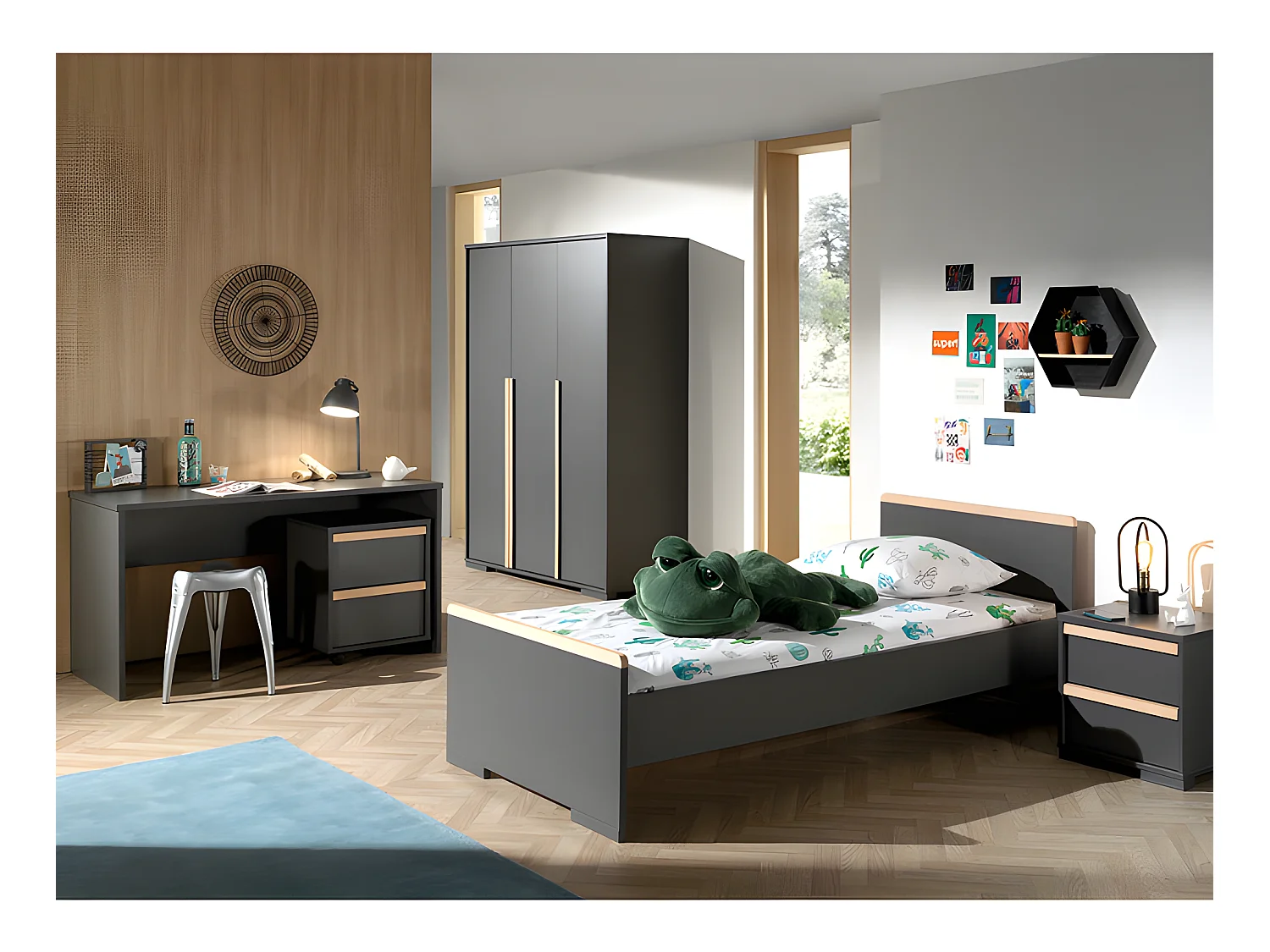 Chambre Complète Enfant 5P "London" Gris Anthracite