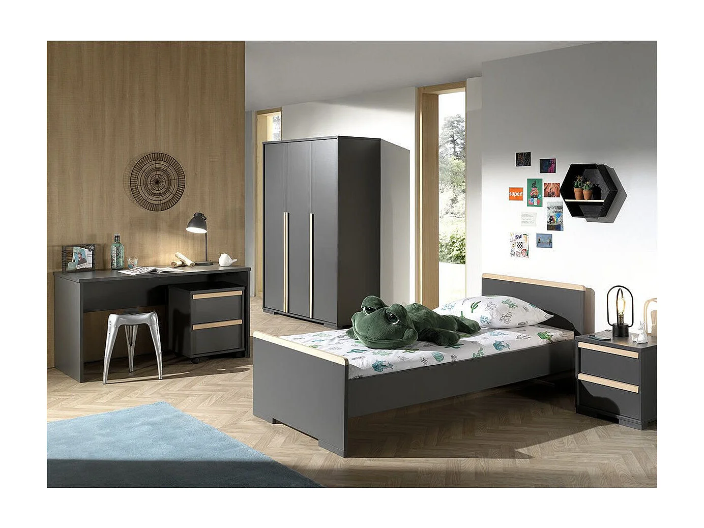 Chambre Complète Enfant 5P "London" Gris Anthracite