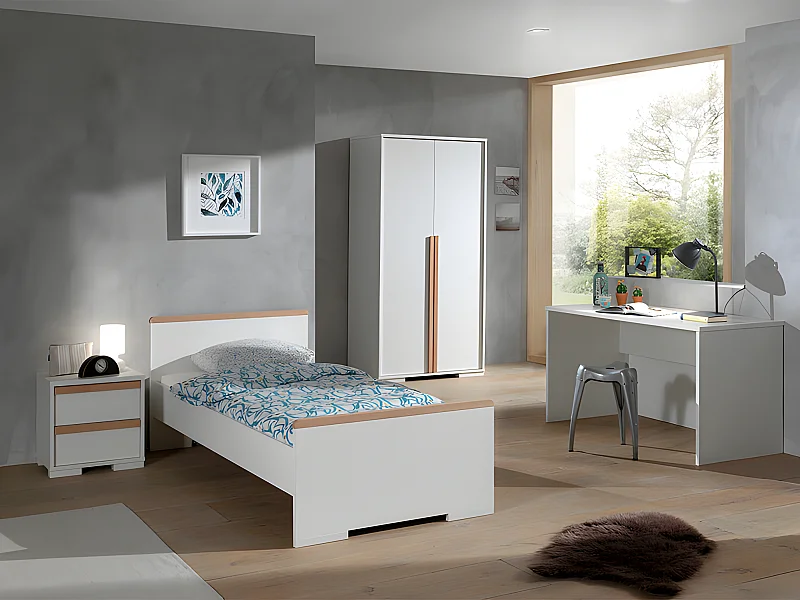 Pack - Lit Enfant, Chevet, Armoire 2 Portes & Bureau "London" Blanc