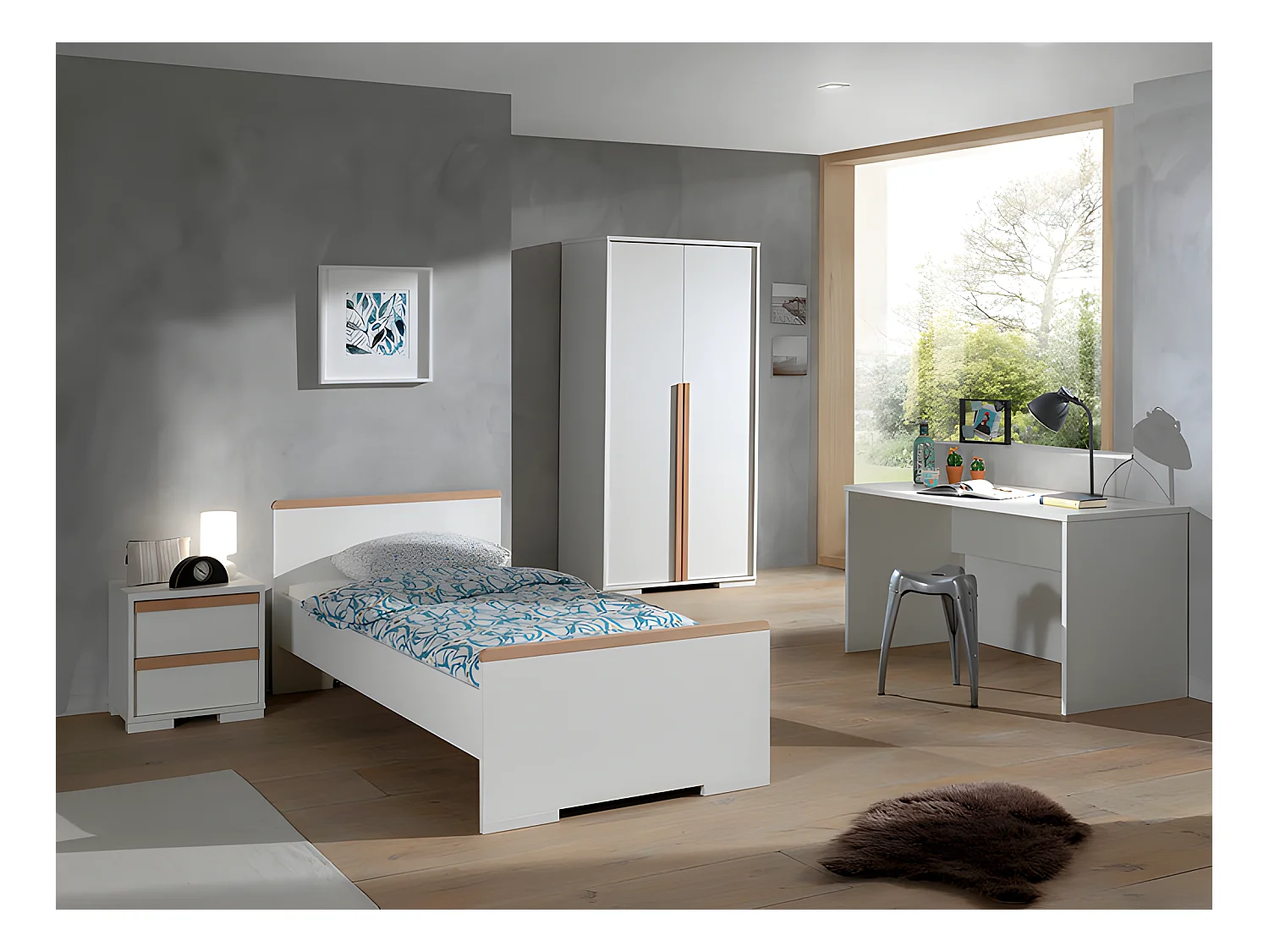 Pack - Lit Enfant, Chevet, Armoire 2 Portes & Bureau "London" Blanc