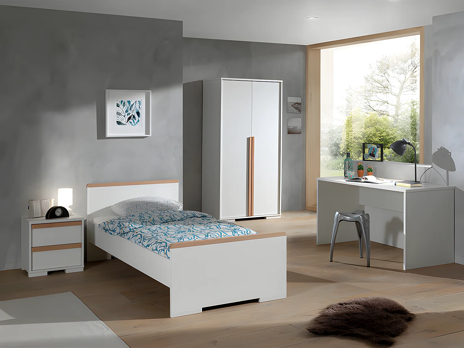 Pack - Lit Enfant, Chevet, Armoire 2 Portes & Bureau "London" Blanc