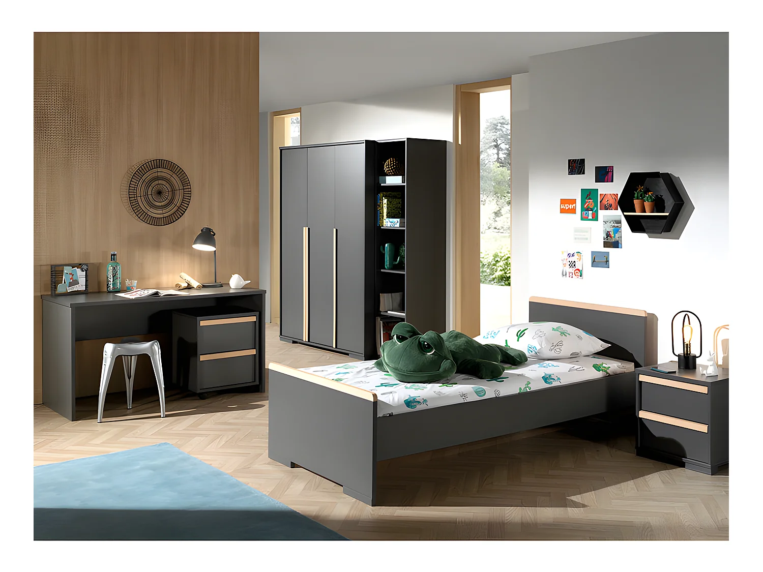 Chambre Complète Enfant 6P "London" Gris Anthracite