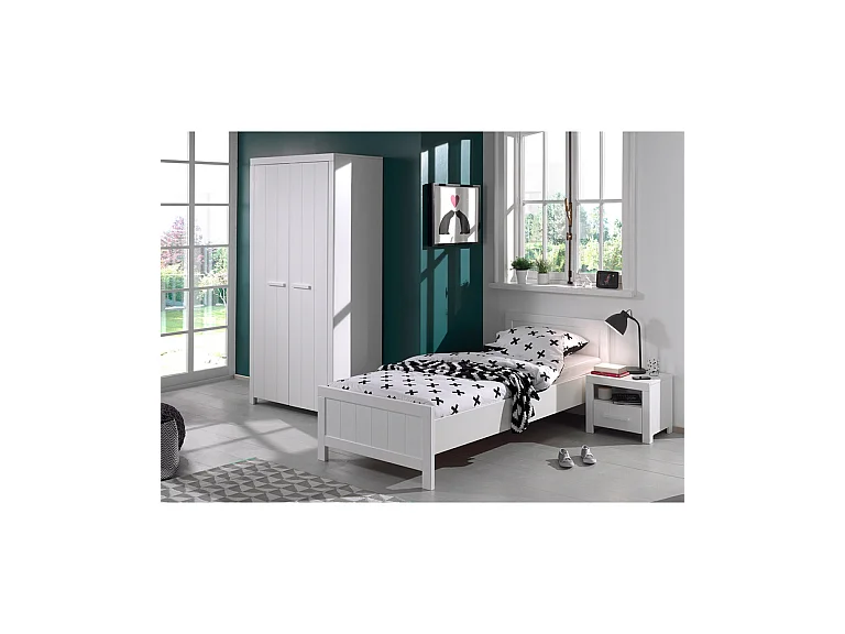 Pack - Lit Enfant, Sommier, Chevet & Armoire "Erik" 90x200cm Blanc
