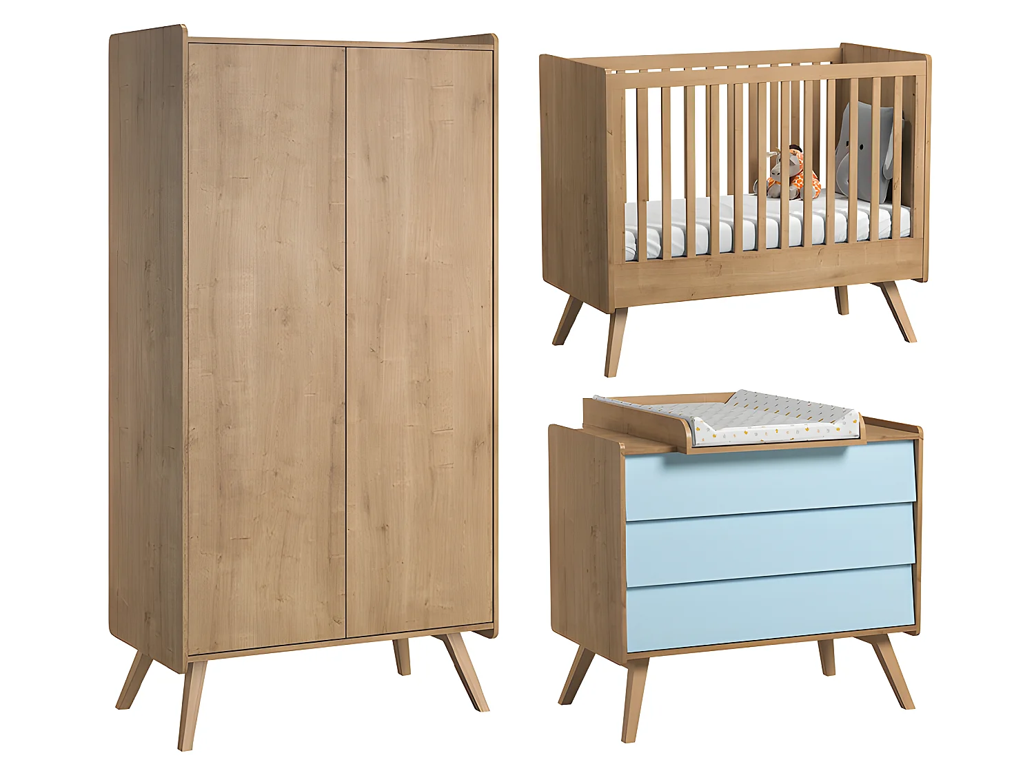 Chambre complète lit bébé - commode 3 tiroirs - armoire 2 portes Vintage Bois Bleu