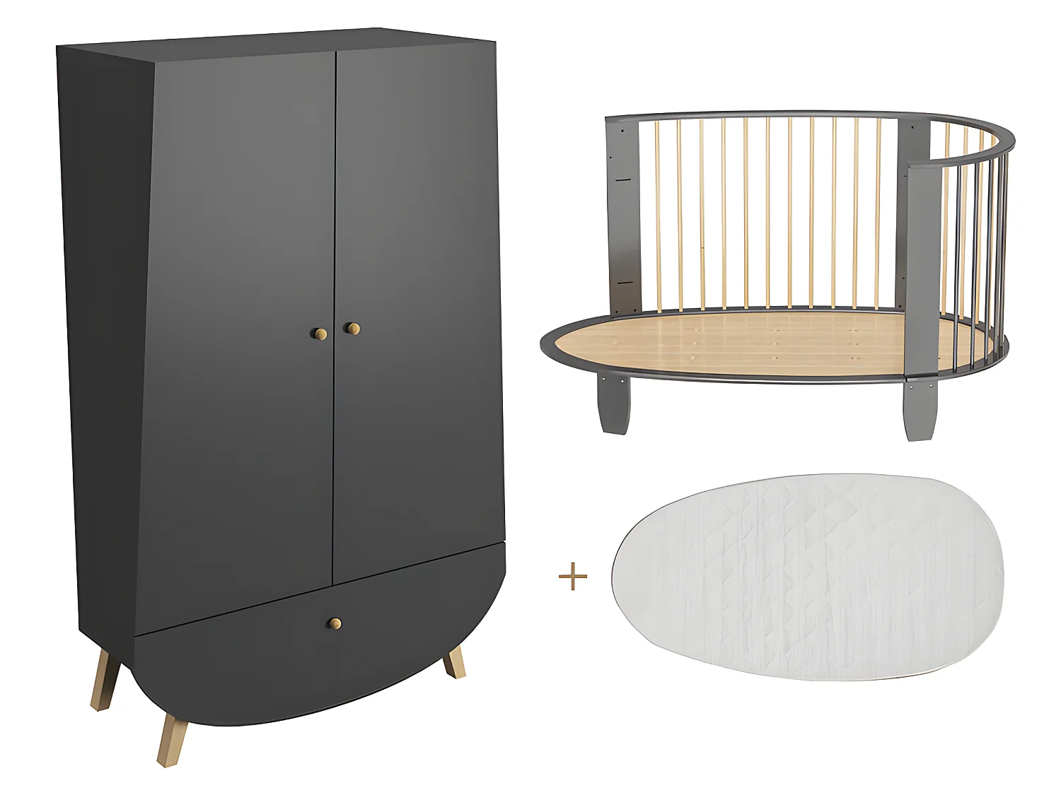 Lit bébé évolutif et armoire Oeuf Gris anthracite et bois