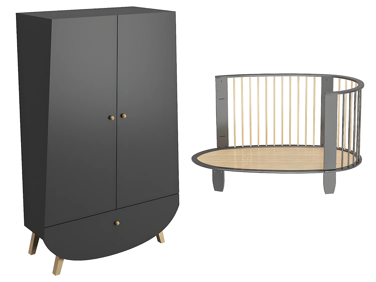 Lit bébé évolutif et armoire Oeuf Gris anthracite et bois