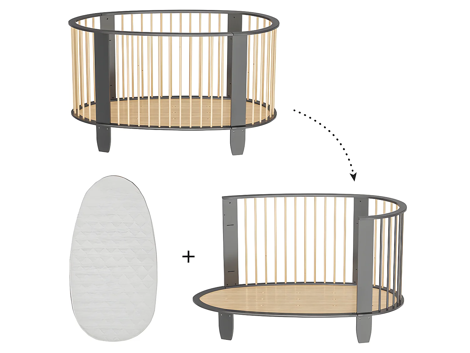 Lit bébé évolutif et armoire Oeuf Gris anthracite et bois