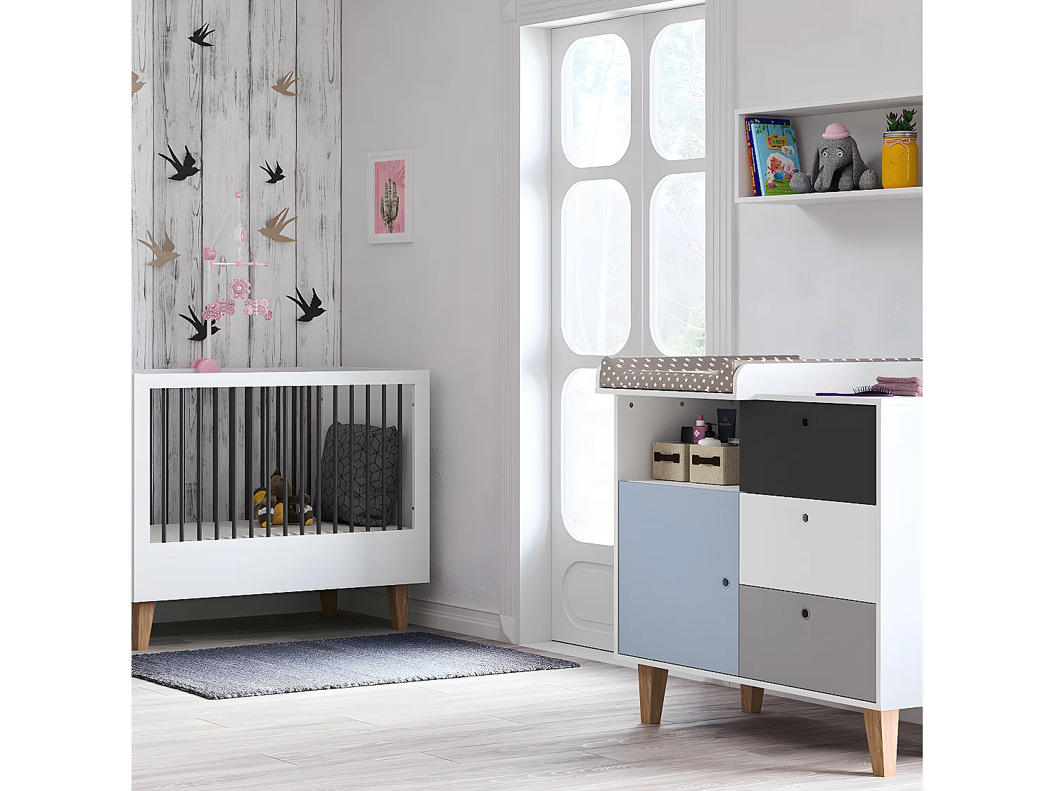 Lit bébé évolutif et Commode à langer Concept Bleu