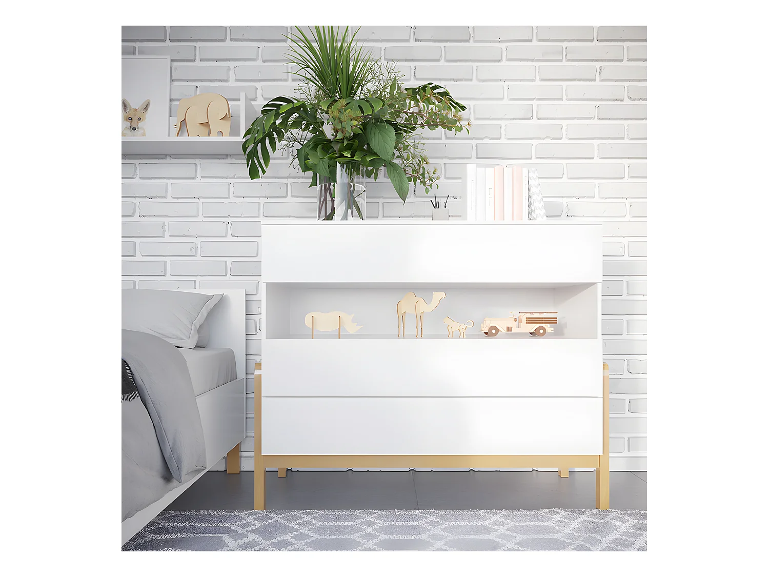 Lit bebe 60x120 et commode 3 tiroirs Victor - Blanc et Chêne