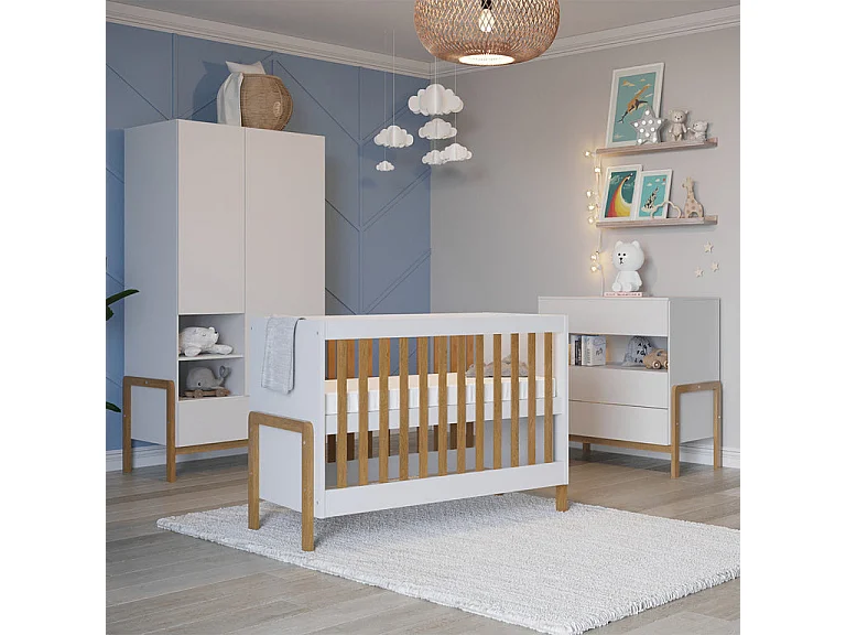 Lit bebe 60x120 et commode 3 tiroirs Kocot Kids Victor - Blanc et Chêne