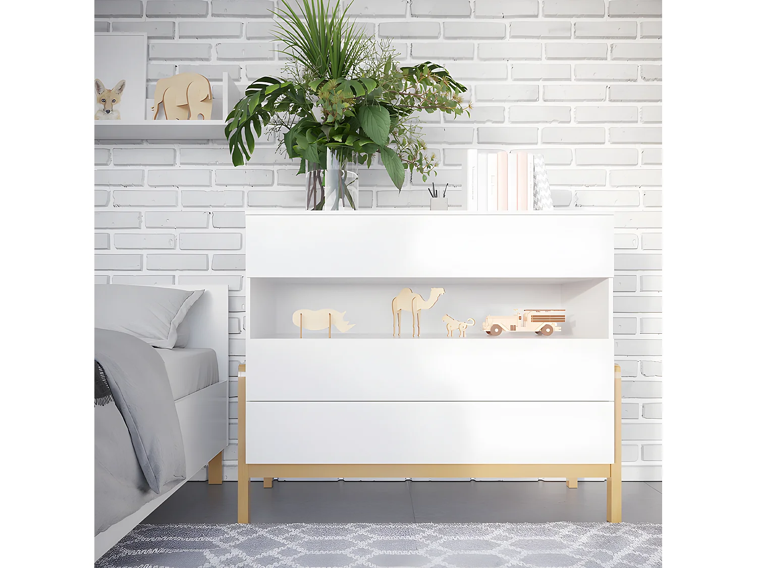 Lit bebe 60x120 et commode 3 tiroirs Victor - Blanc et Chêne