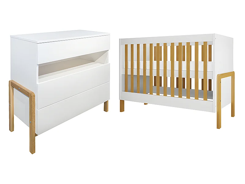 Lit bebe 60x120 et commode 3 tiroirs Victor - Blanc et Chêne