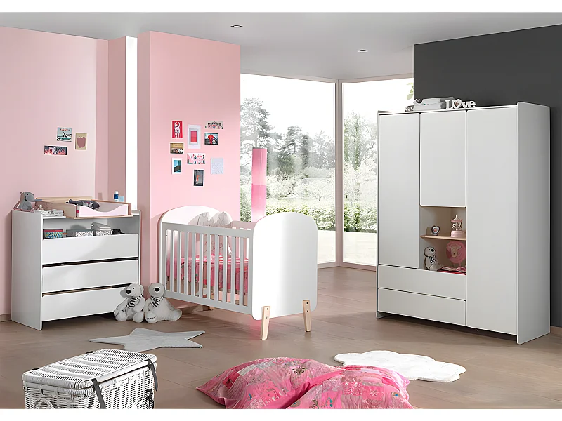 Pack - Lit Bébé 60x120cm, Commode, Plan à Langer & Armoire "Kiddy" Blanc