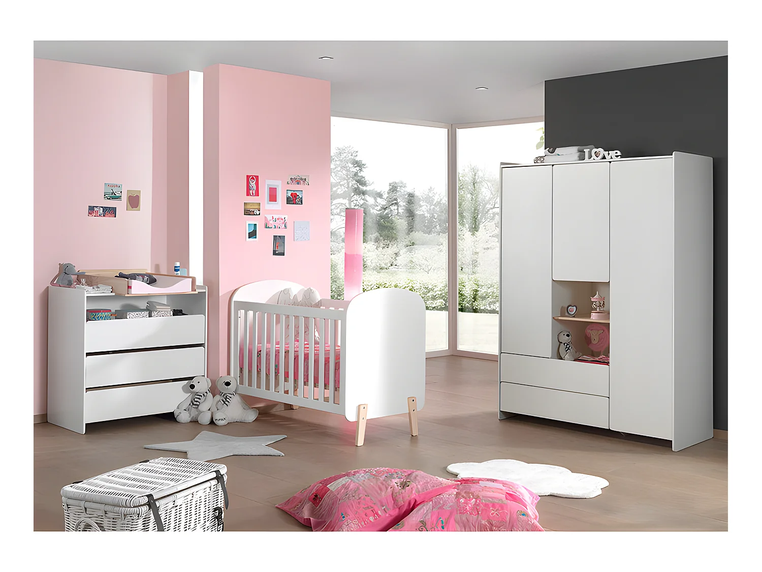 Pack - Lit Bébé 60x120cm, Commode, Plan à Langer & Armoire "Kiddy" Blanc