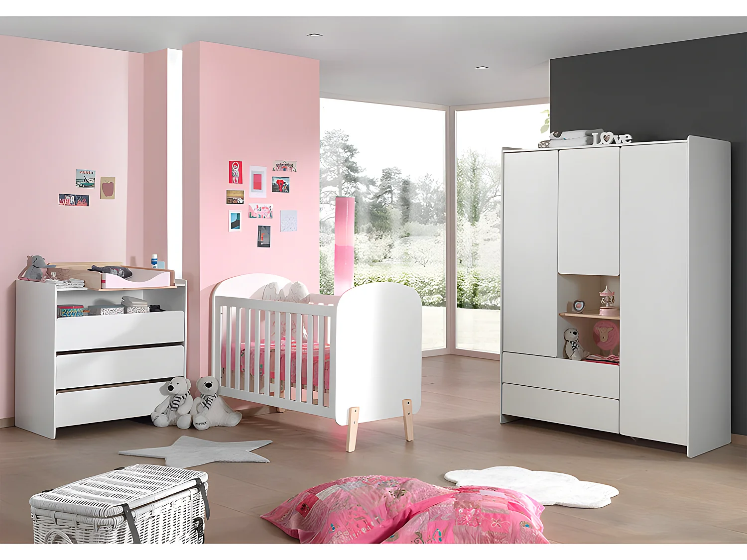 Pack - Lit Bébé 60x120cm, Commode, Plan à Langer & Armoire "Kiddy" Blanc