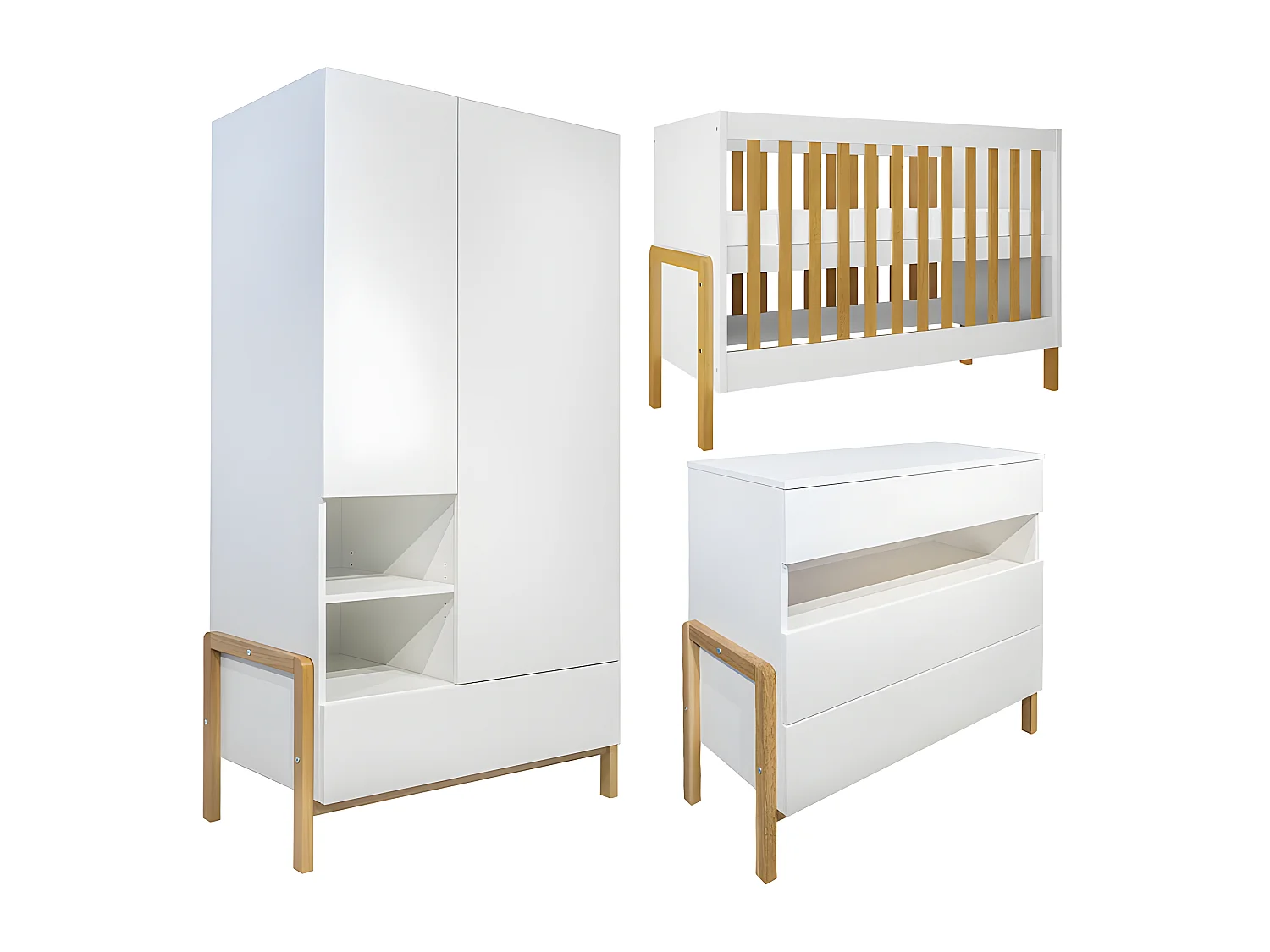 Chambre complète lit bébé 60x120 commode 3 tiroirs et armoire 2 portes Victor - Blanc et Chêne