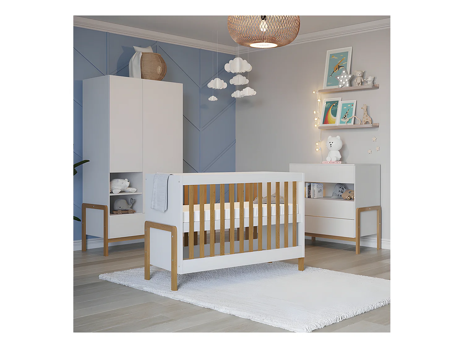 Chambre complète lit bébé 60x120 commode 3 tiroirs et armoire 2 portes Victor - Blanc et Chêne