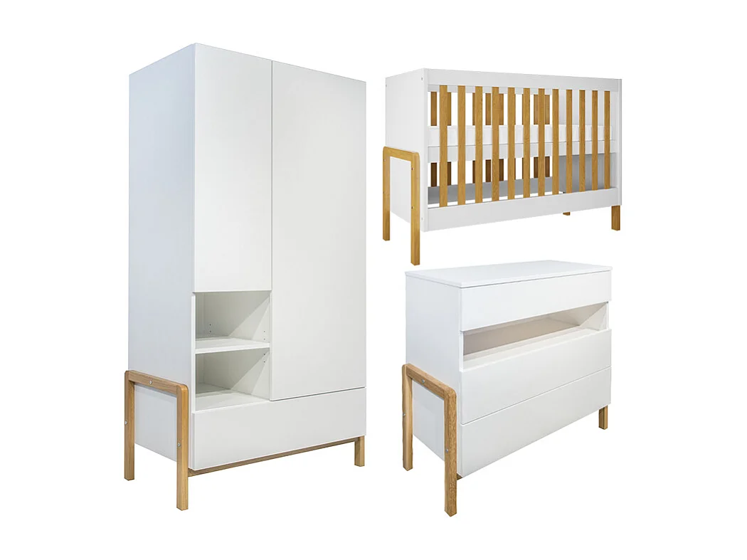 Chambre complète lit bébé 60x120 commode 3 tiroirs et armoire 2 portes Victor - Blanc et Chêne