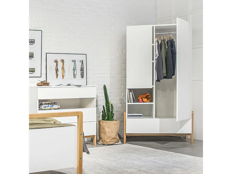 Chambre complète lit bébé 60x120 commode 3 tiroirs et armoire 2 portes Victor - Blanc et Chêne