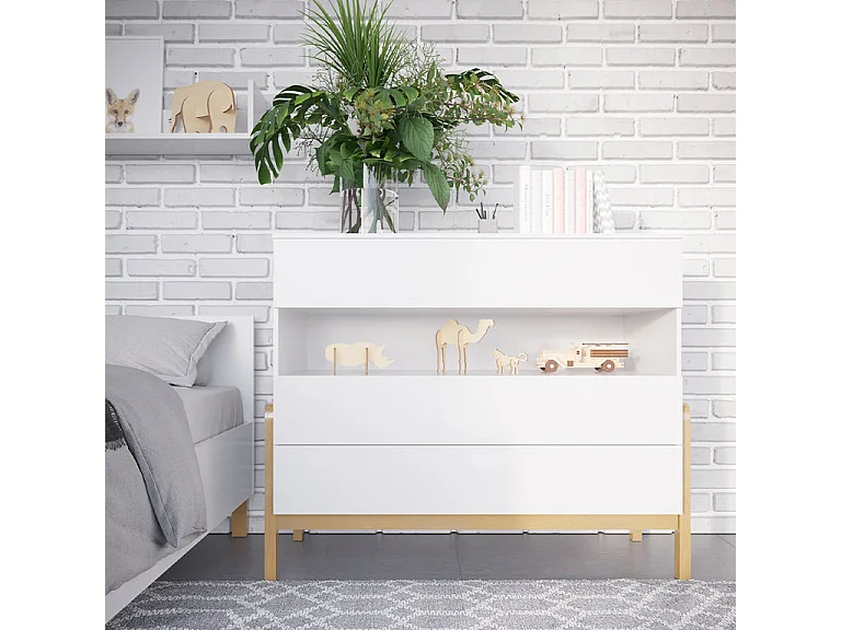 Chambre complète lit bébé 60x120 commode 3 tiroirs et armoire 2 portes Victor - Blanc et Chêne
