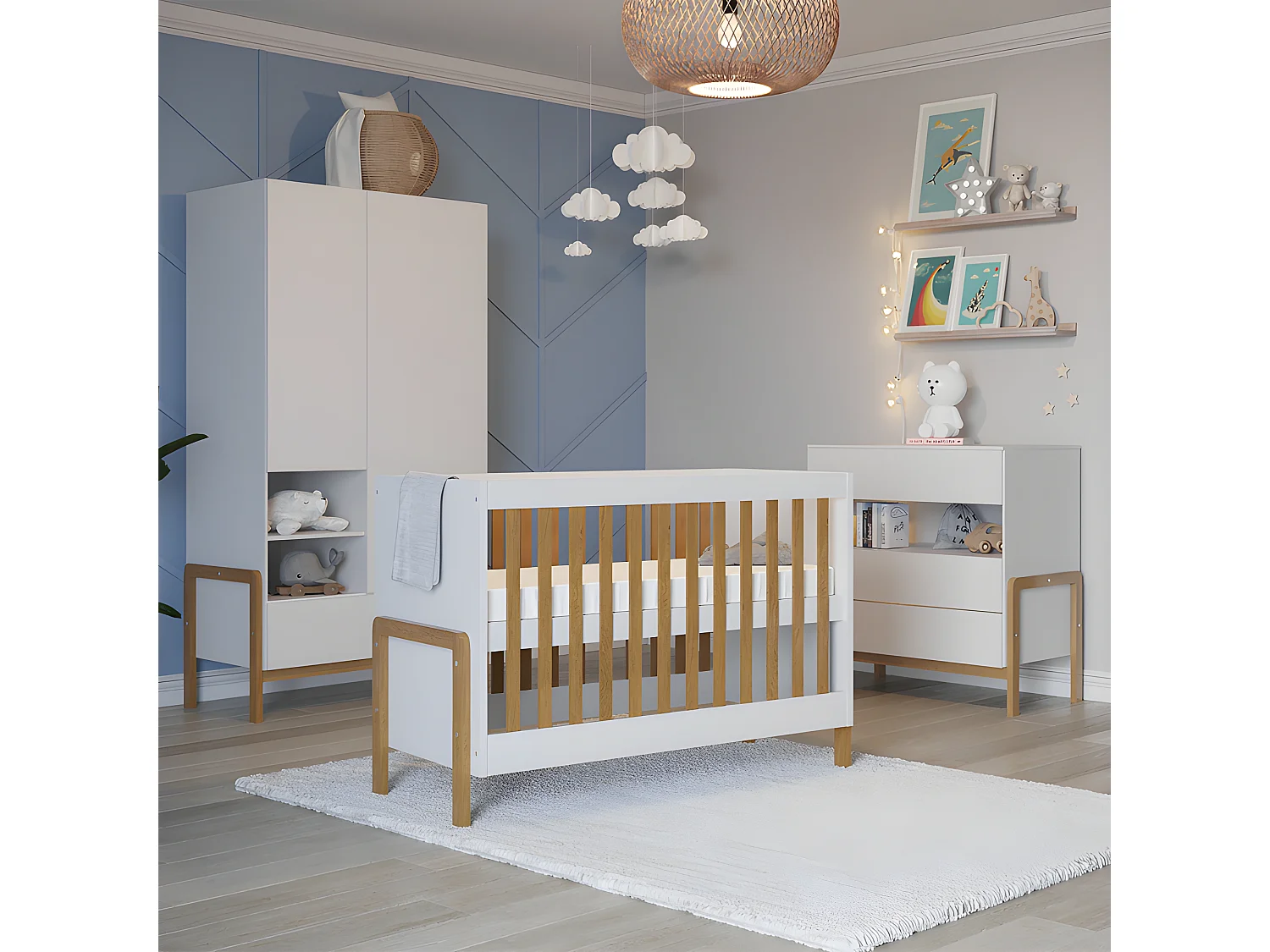 Chambre complète lit bébé 60x120 commode 3 tiroirs et armoire 2 portes Victor - Blanc et Chêne