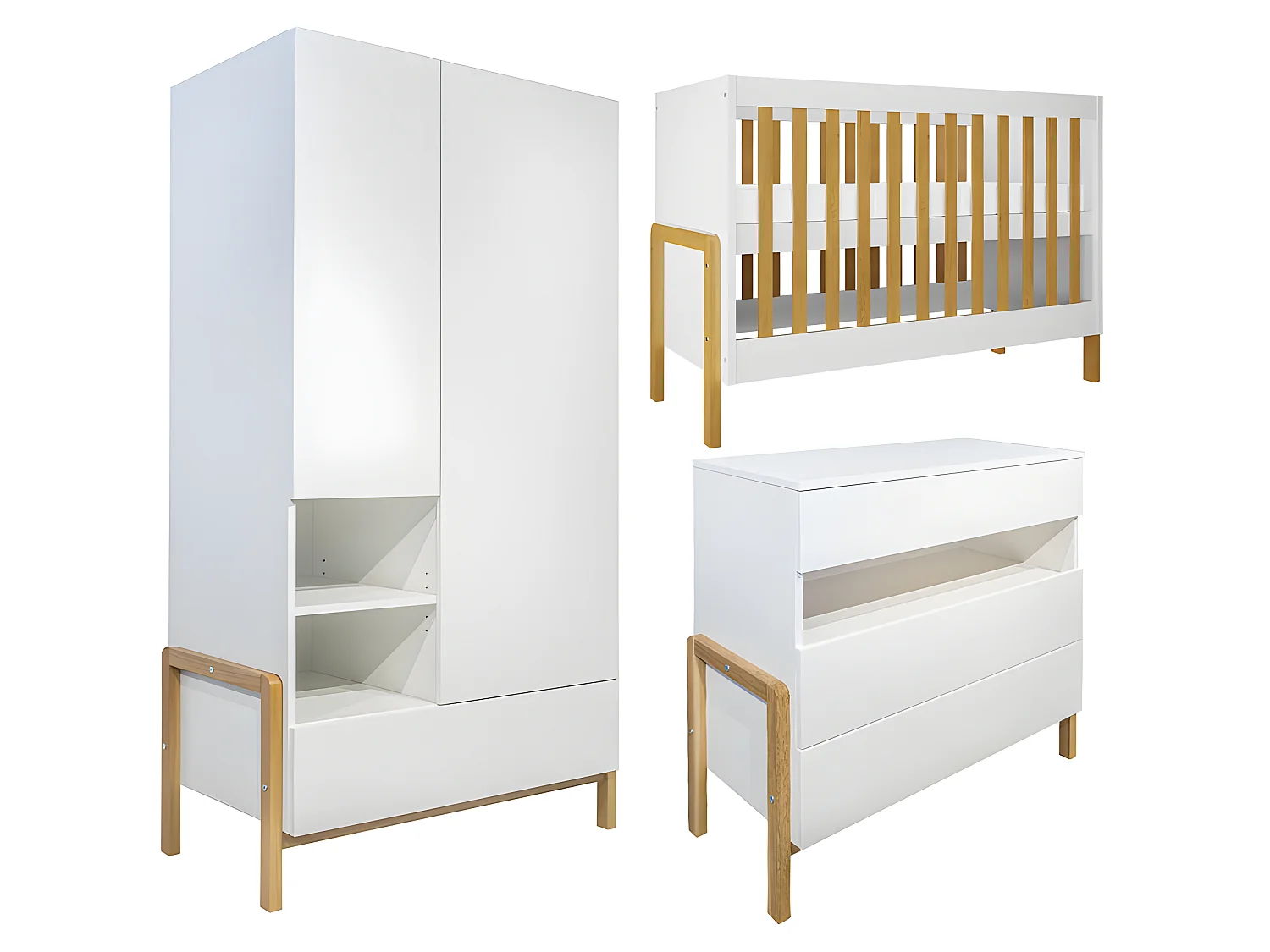 Chambre complète lit bébé 60x120 commode 3 tiroirs et armoire 2 portes Victor - Blanc et Chêne