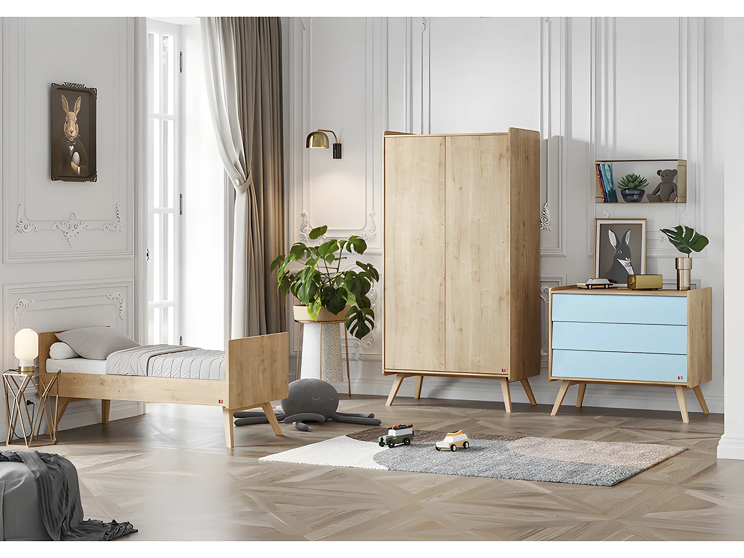 Chambre complète lit bébé évolutif - commode 3 tiroirs - armoire 2 portes Vintage Bois Bleu