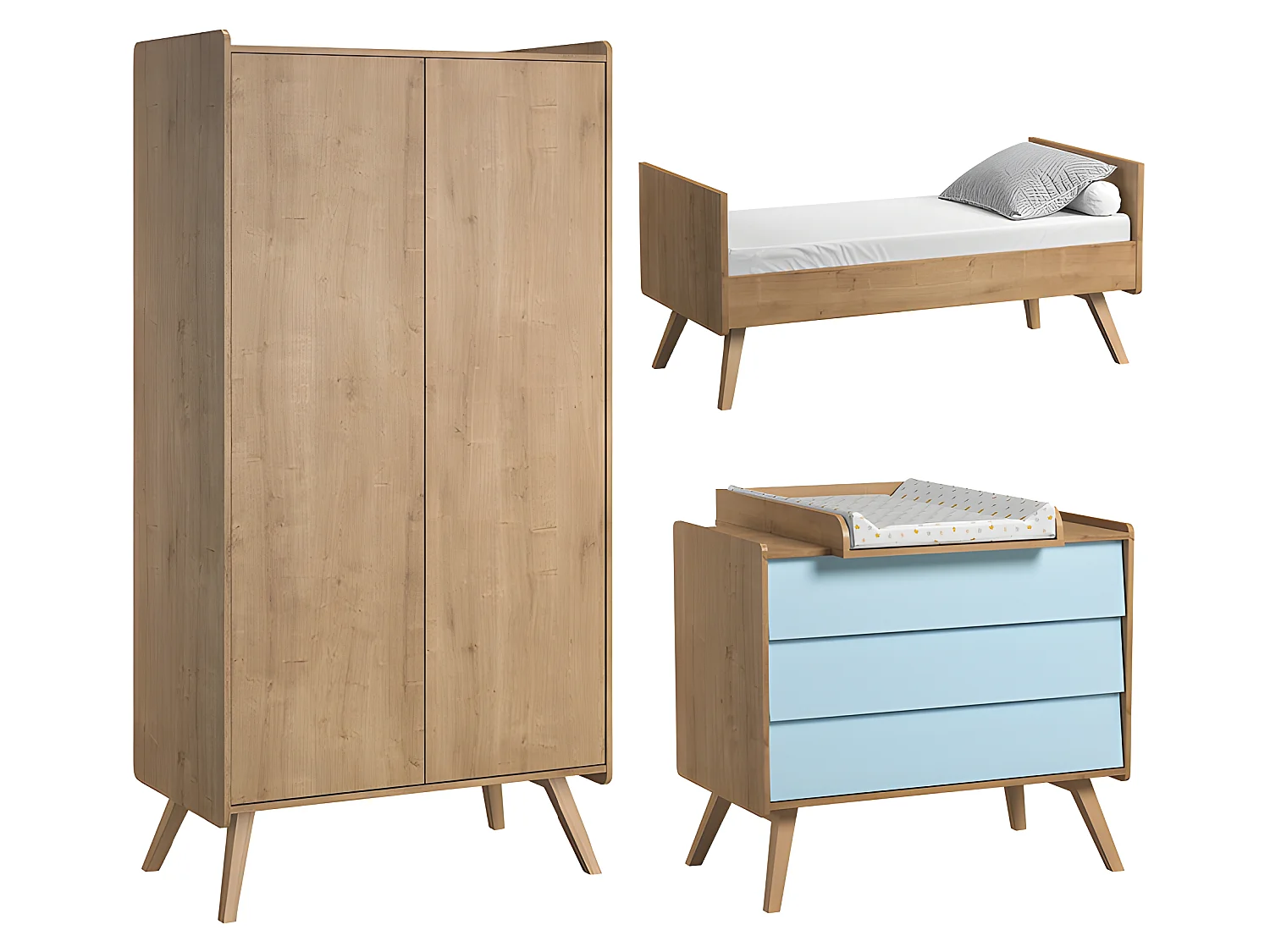 Chambre complète lit bébé évolutif - commode 3 tiroirs - armoire 2 portes Vintage Bois Bleu