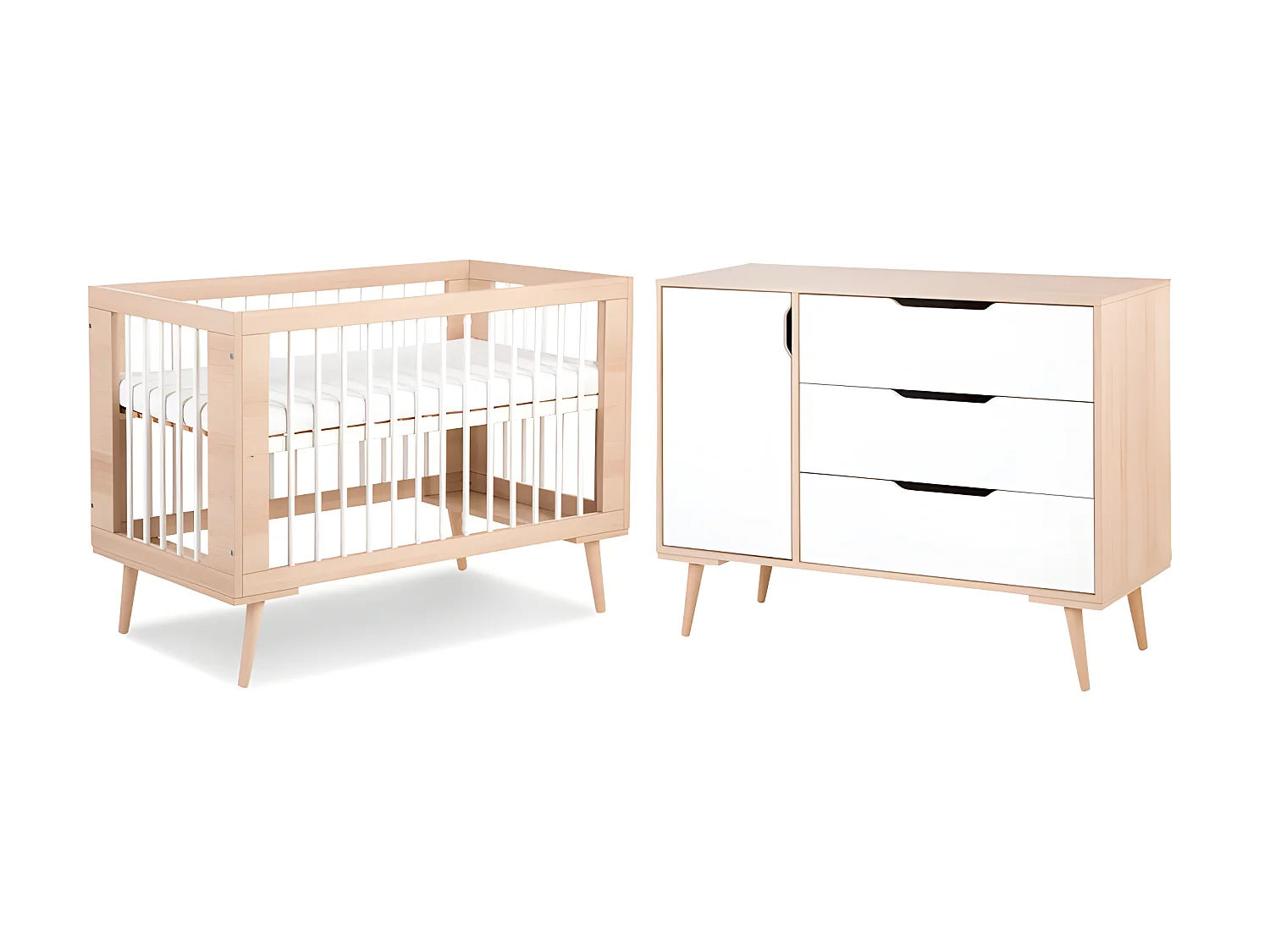 Lit bébé et Commode à langer LittleSky by Klups Sofie Hêtre et Blanc