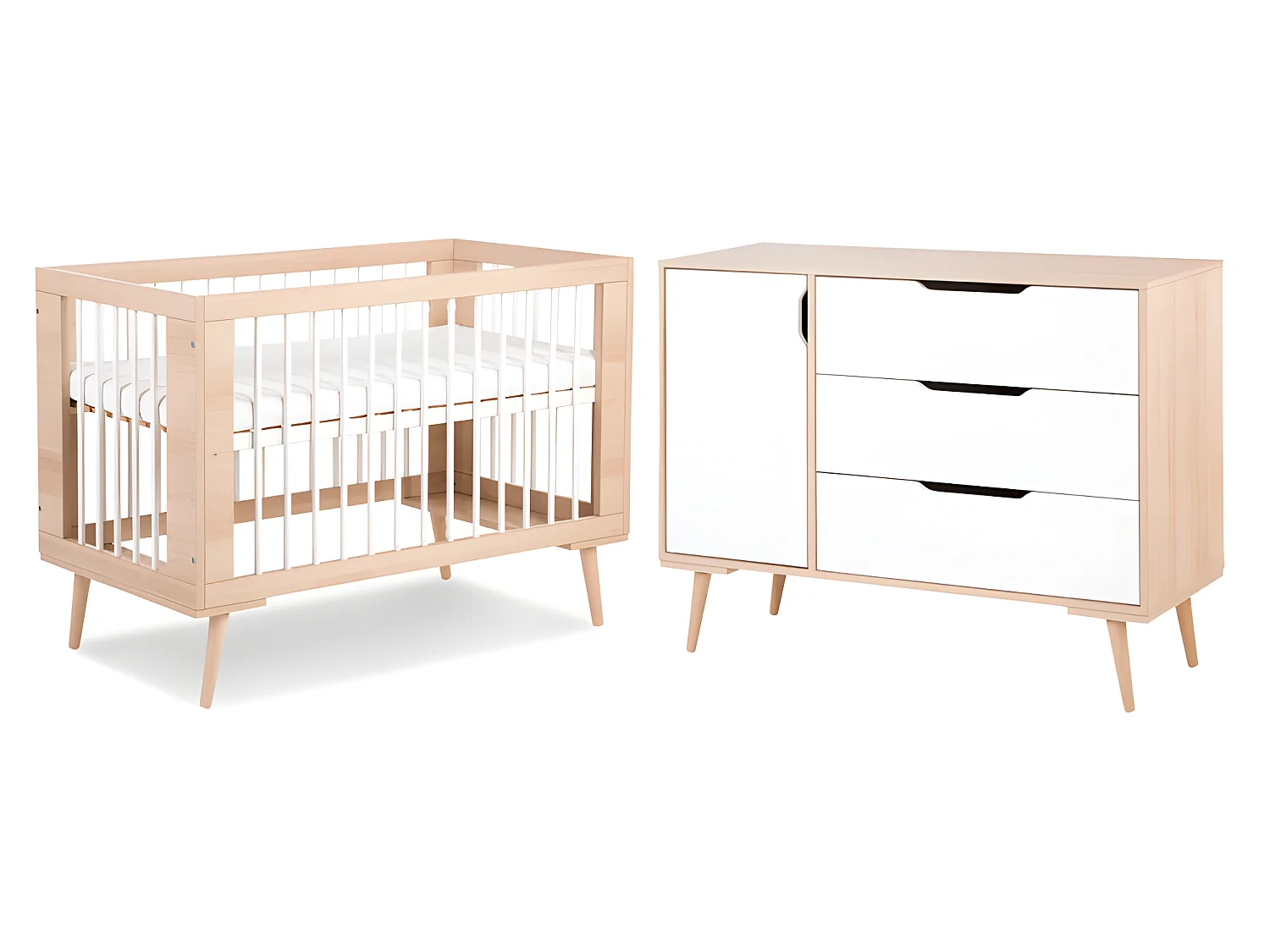 Lit bébé et Commode à langer LittleSky by Klups Sofie Hêtre et Blanc