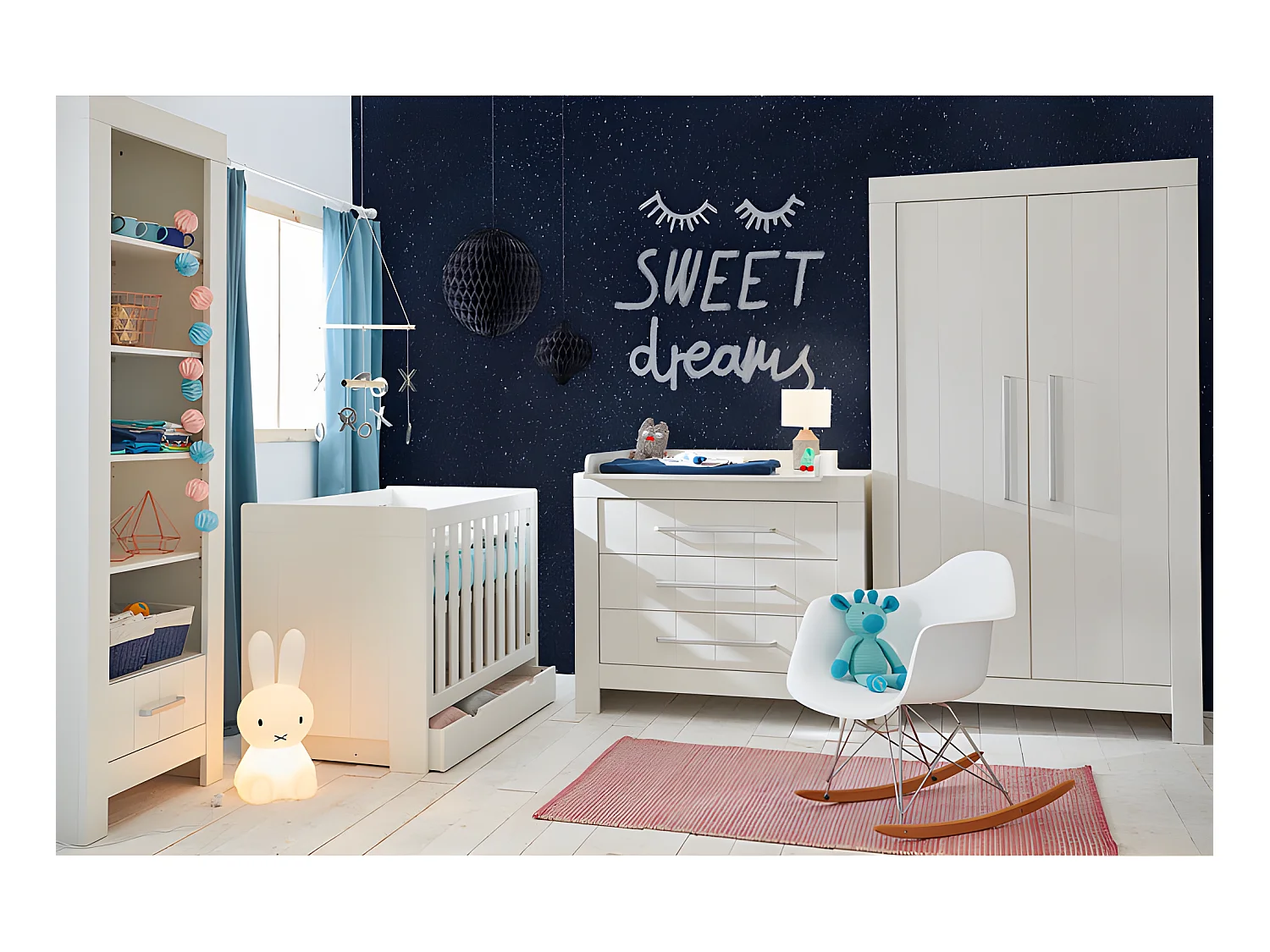 Chambre complète lit bébé évolutif - commode à langer - armoire Calmo Blanc