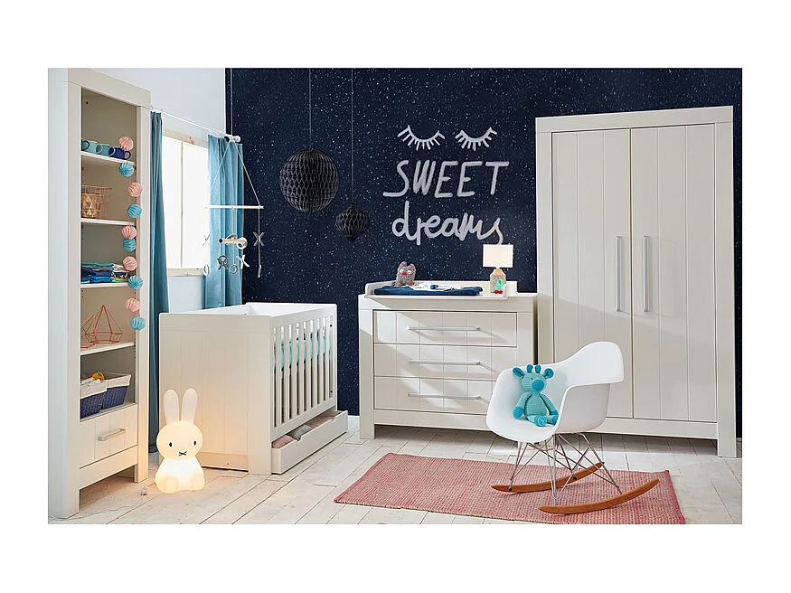 Chambre complète lit bébé évolutif - commode à langer - armoire Calmo Blanc