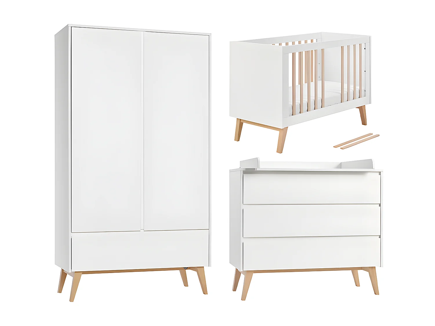 Chambre complète lit évolutif 60x120 commode à langer et armoire 2 portes Swing - Blanc et bois