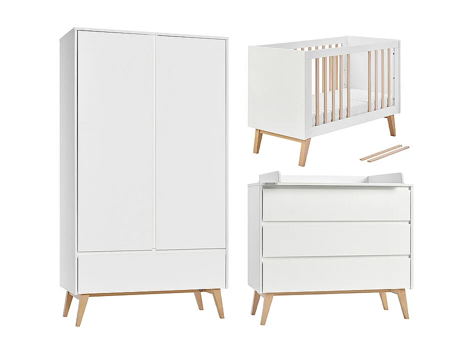 Chambre complète lit évolutif 60x120 commode à langer et armoire 2 portes Swing - Blanc et bois